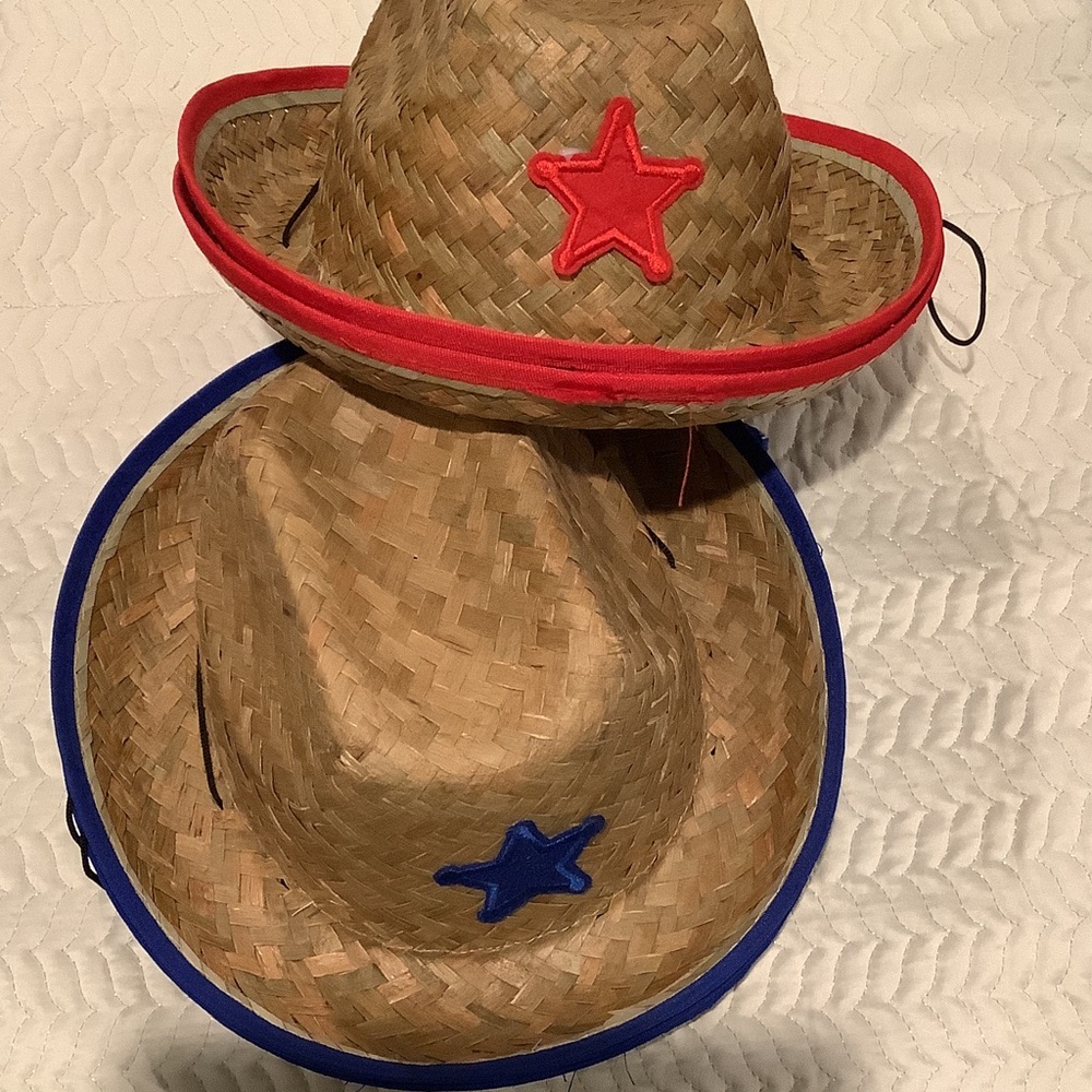 Kids Straw Cowboy Hat with Red or Blue Trim - Star Accent